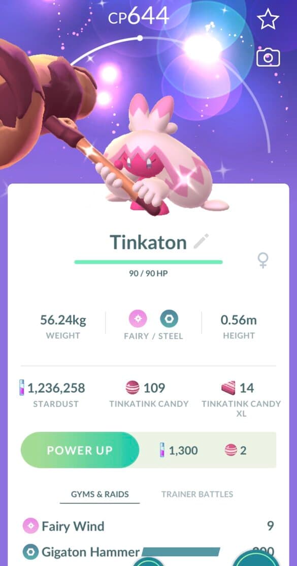 Pokémon GO screenshot of Shiny Tinkaton that knows the Pokémon GO Community Day exclusive move Gigaton Hammer