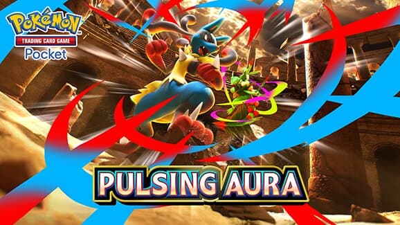 New Pokémon TCG Pocket Pulsing Aura expansion available now featuring the debuts of Mega Lucario ex, Mega Sceptile ex, new Trainers such as Korrina, Area of Antiquity, Vaporeon ex and more